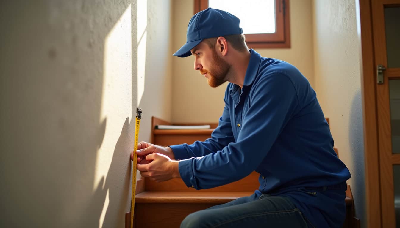 Technicien en train de prendre les mesures d’un escalier pour un devis de monte-escalier à Rochefort