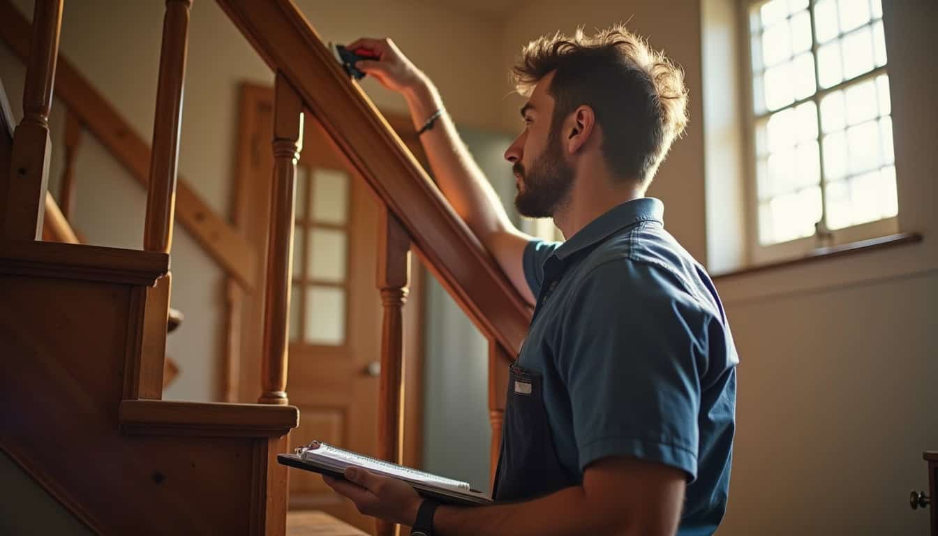 Technicien en train de prendre les mesures d’un escalier pour un montage sur mesure
