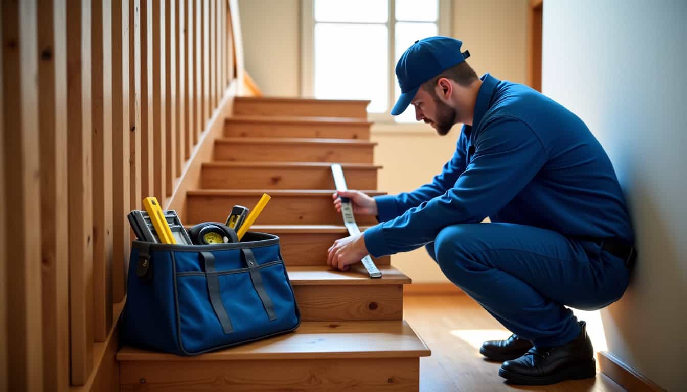Technicien en train de prendre les mesures d’un escalier pour un monte-escalier sur mesure à Calais