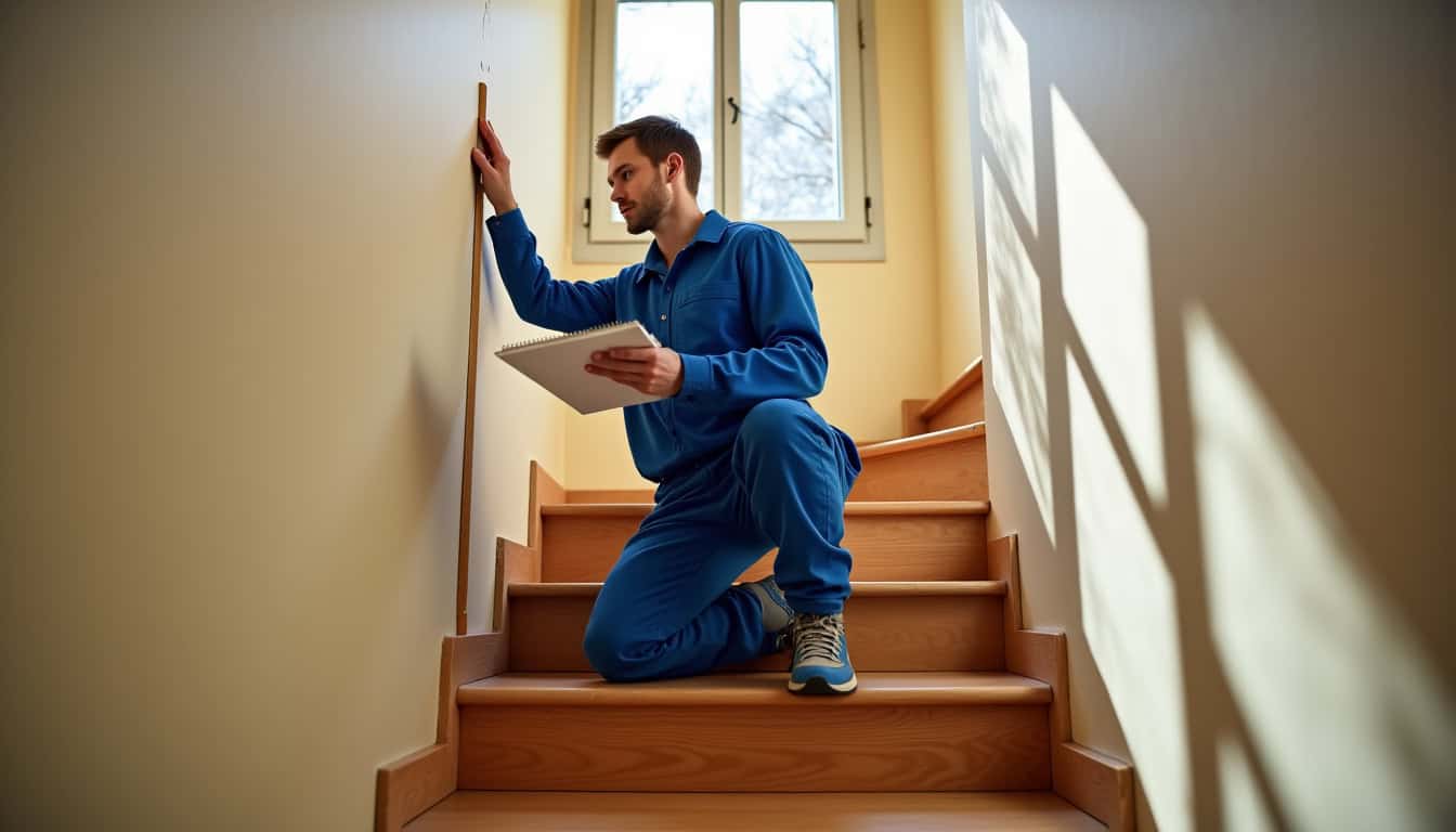 Technicien en train de prendre les mesures pour un devis de monte-escalier à domicile à Étrépagny