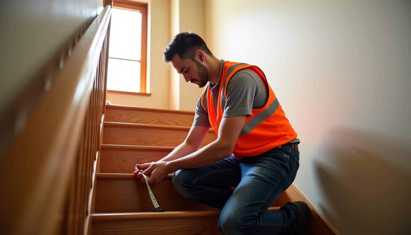Technicien en train de prendre les mesures pour un devis de monte-escalier à Saint-Paul-en-Pareds