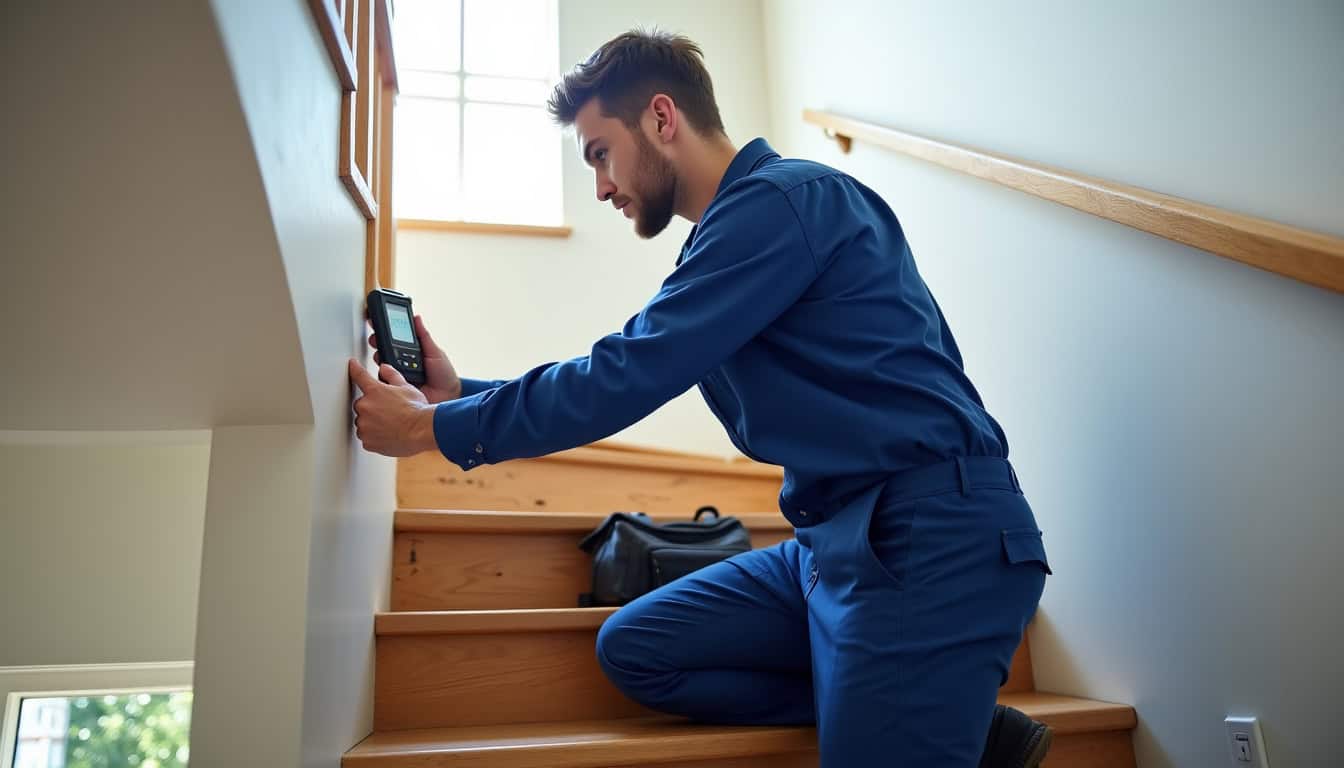 Technicien en train de prendre les mesures pour un monte-escalier à Douvres
