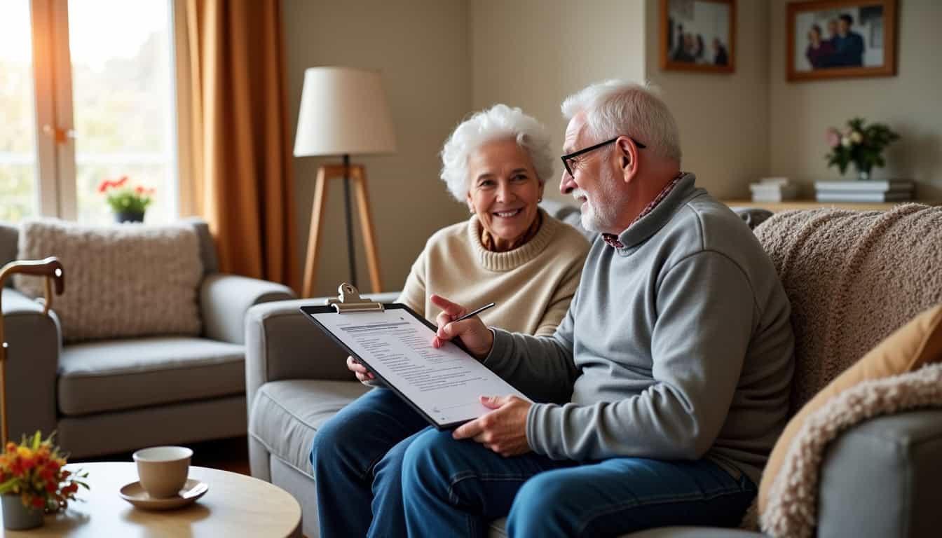 Technicien en train de présenter un devis détaillé à un couple âgé dans leur salon