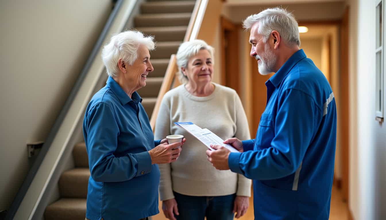 Technicien en train de présenter un devis pour un monte-escalier à Meursac