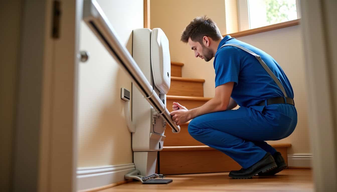 Technicien en train de réaliser la maintenance d’un monte-escalier à Mareau-aux-Prés