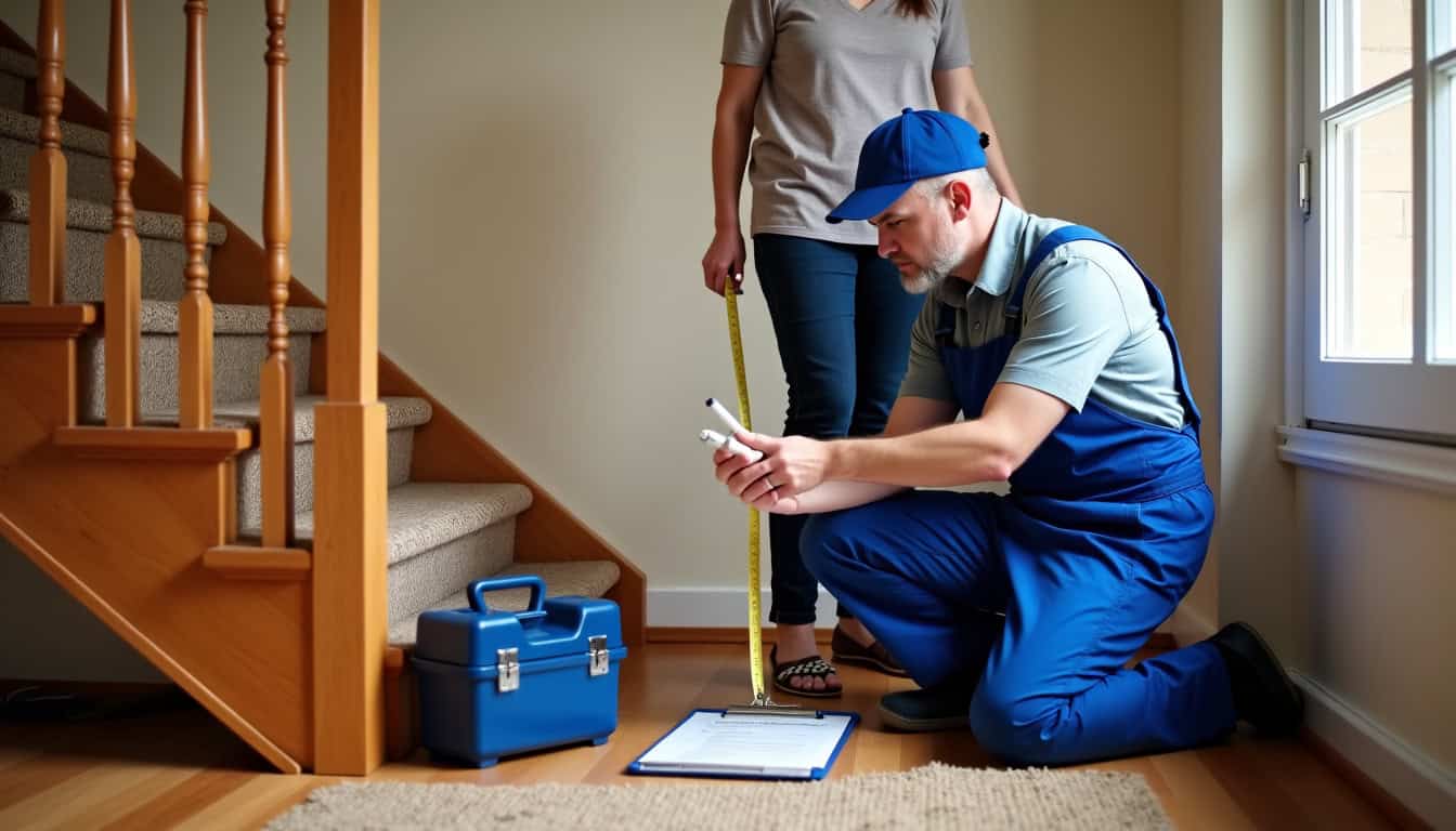 Technicien en train de réaliser un devis à domicile pour un monte-escalier