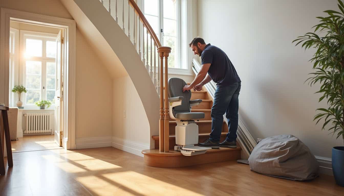 Technicien en train de remplacer un ancien monte-escalier dans une maison à Saint-Cyr-au-Mont-d