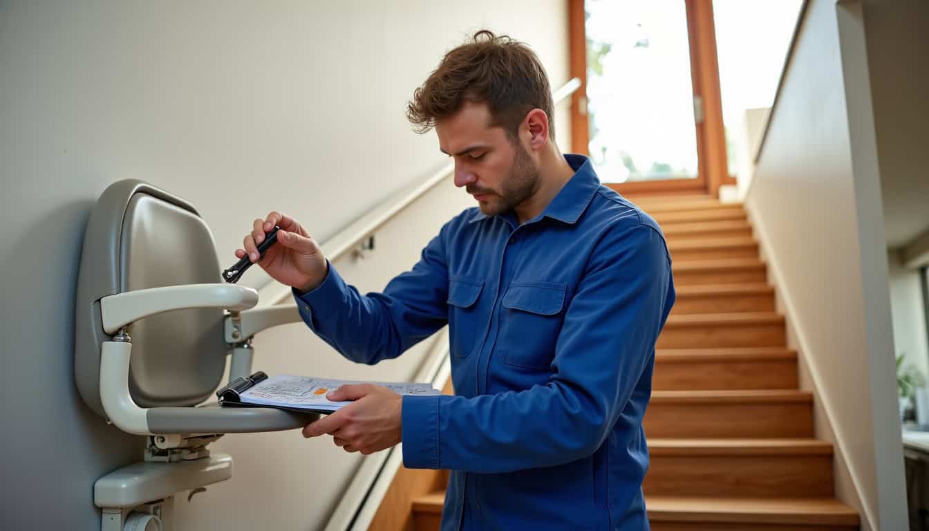 Technicien en train de réviser un monte-escalier à Nantes