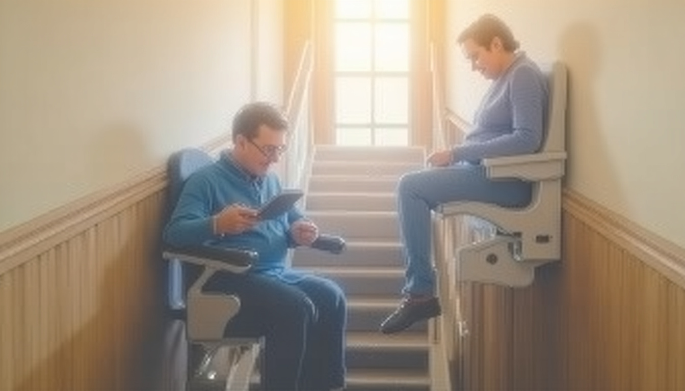 Technicien en train de tester un monte-escalier nouvellement installé à Saint-Junien, accompagné d’un résident âgé