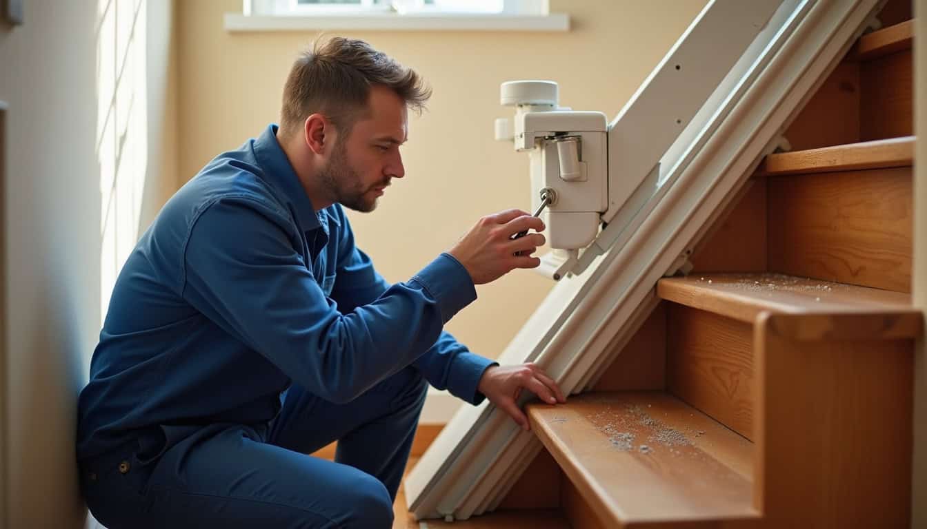 Technicien en train de vérifier le bon fonctionnement d’un monte-escalier après installation