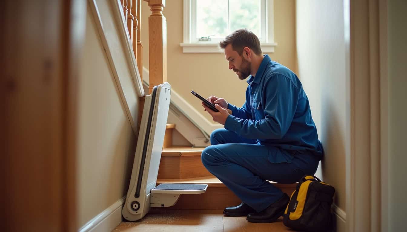 Technicien en train de vérifier le fonctionnement d’un monte-escalier après installation