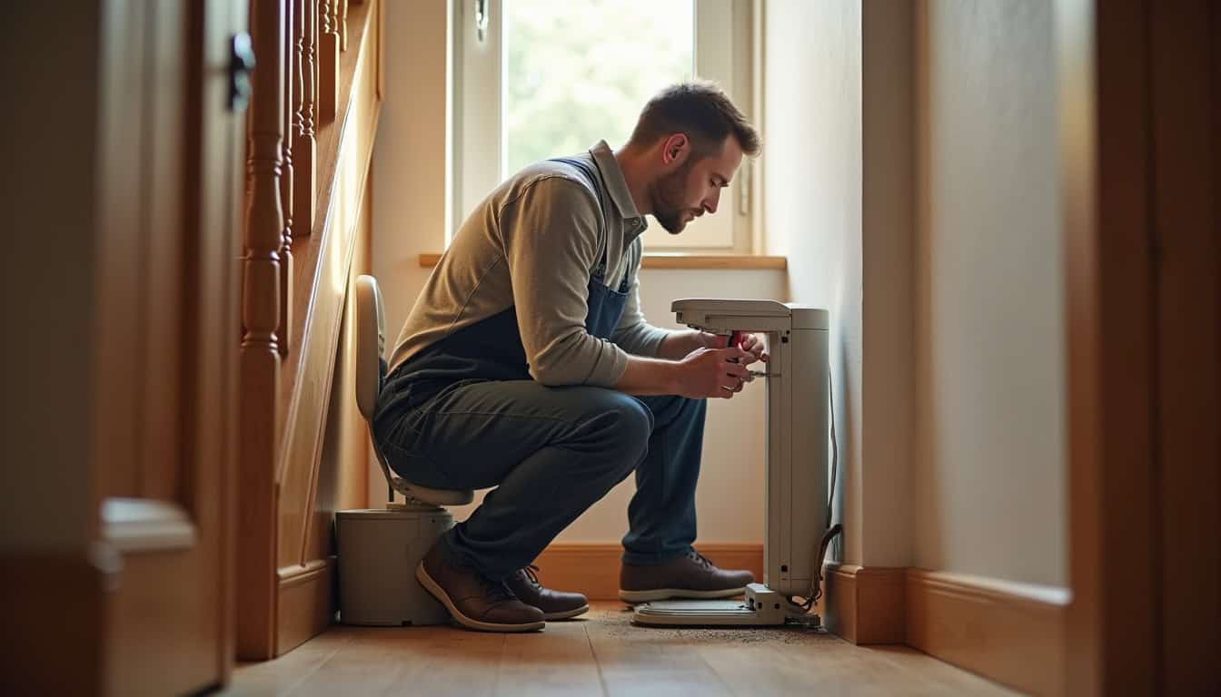 Technicien en train de vérifier les composants d’un monte-escalier dans une maison de Fontaine-la-Guyon