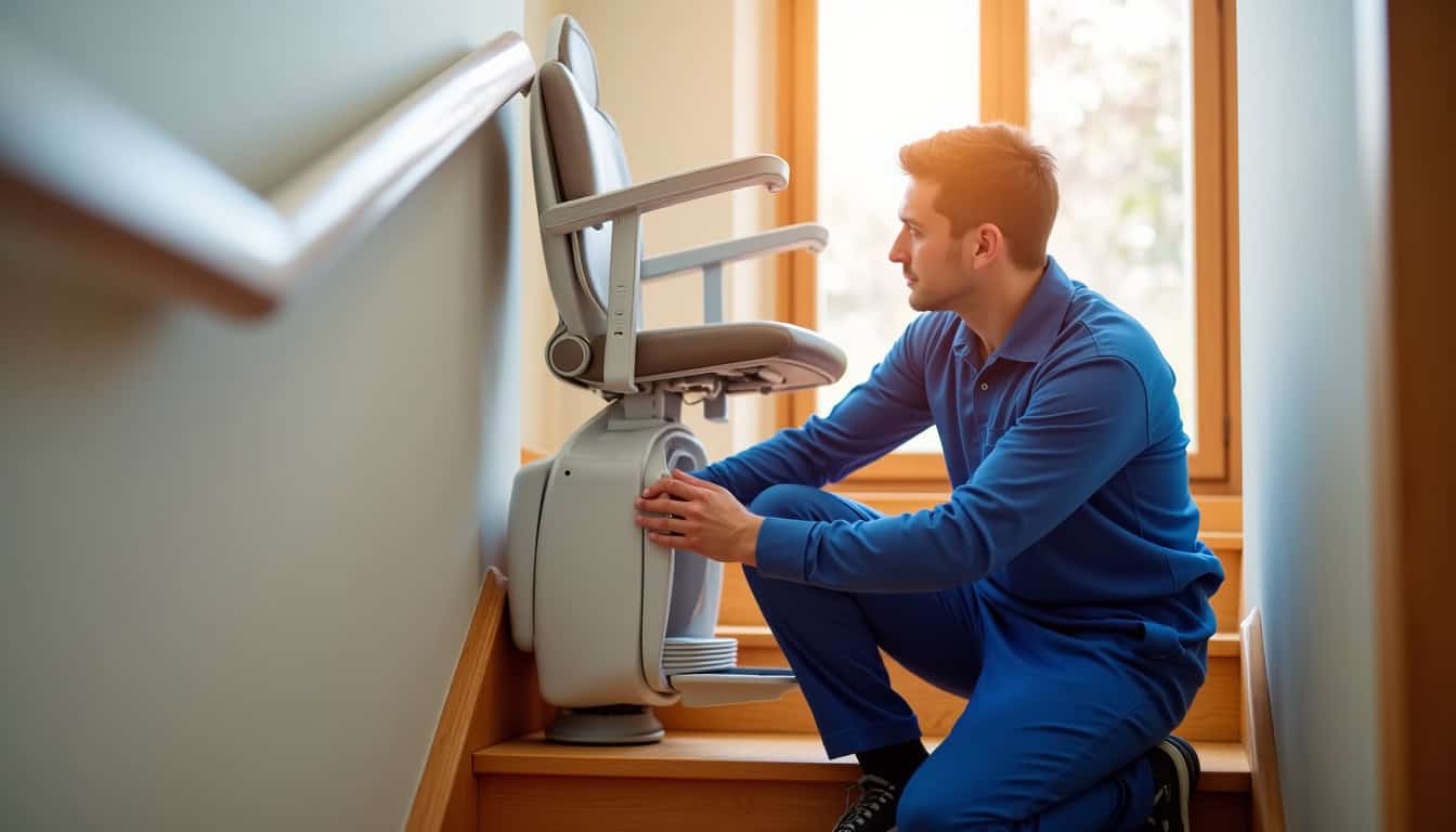 Technicien en train de vérifier un monte-escalier à Bou