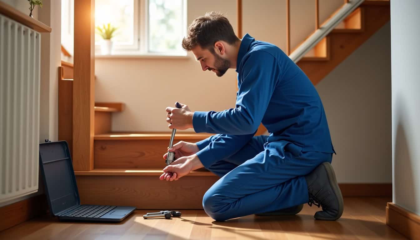Technicien en train de vérifier un monte-escalier à Coteaux du Lizon