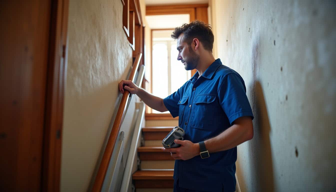 Technicien en train de vérifier un monte-escalier à Fains-Véel