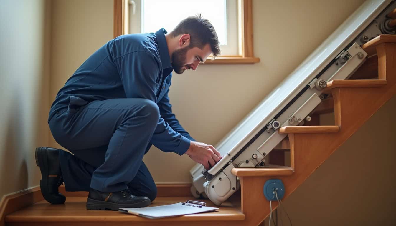 Technicien en train de vérifier un monte-escalier à Nœux-les-Mines