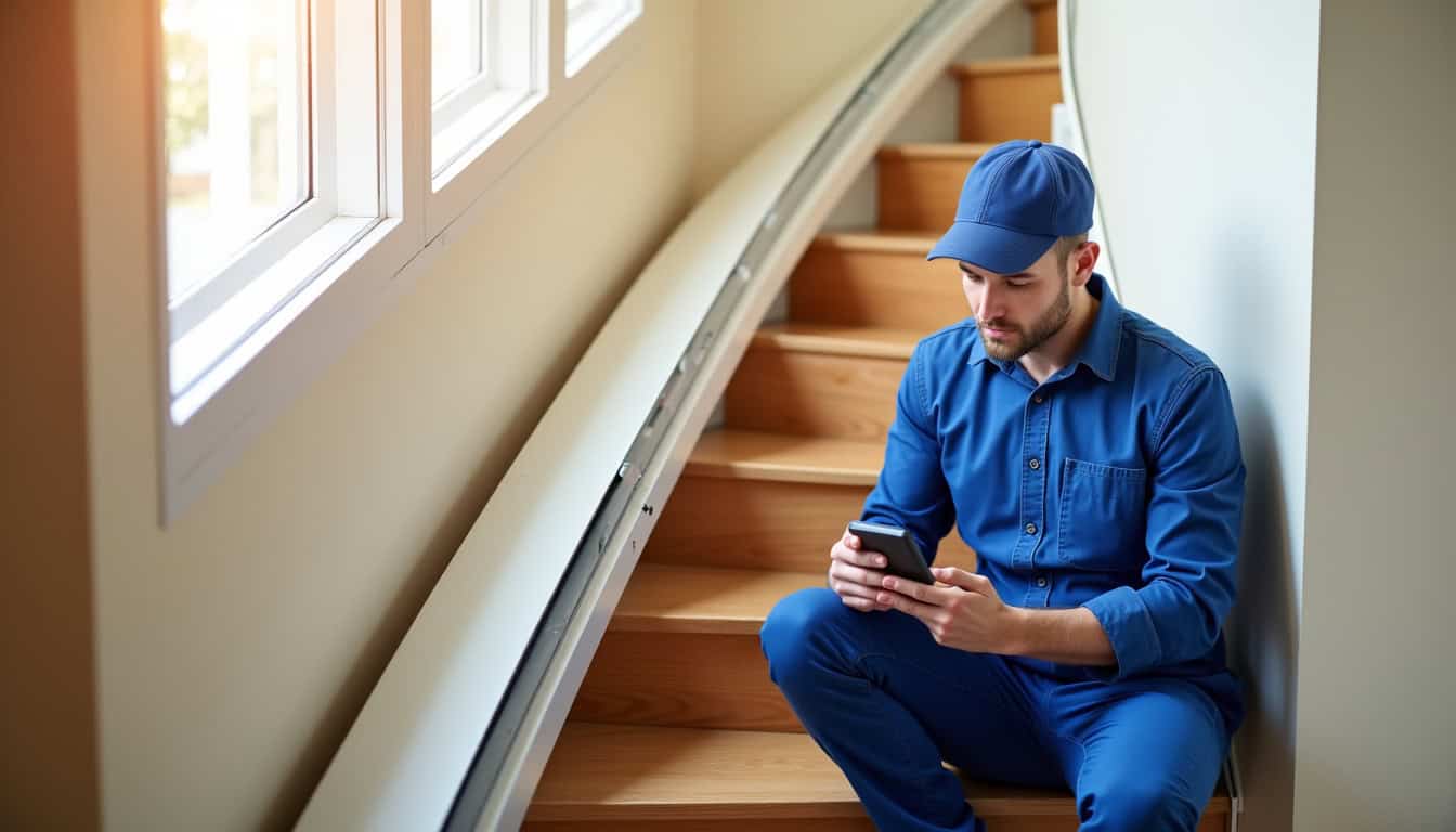 Technicien en train de vérifier un monte-escalier à Saint-Hilaire-des-Loges