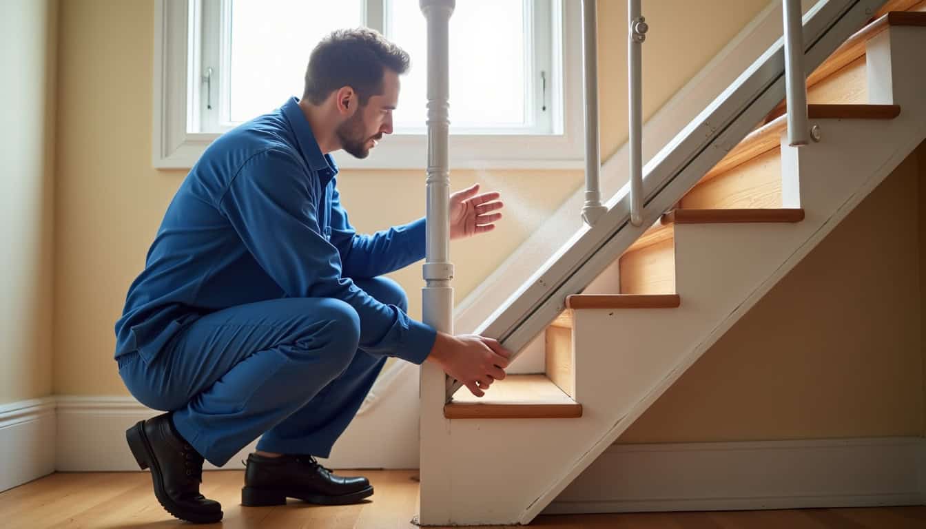 Technicien en train de vérifier un monte-escalier après installation à Saint-Pierre-du-Mont