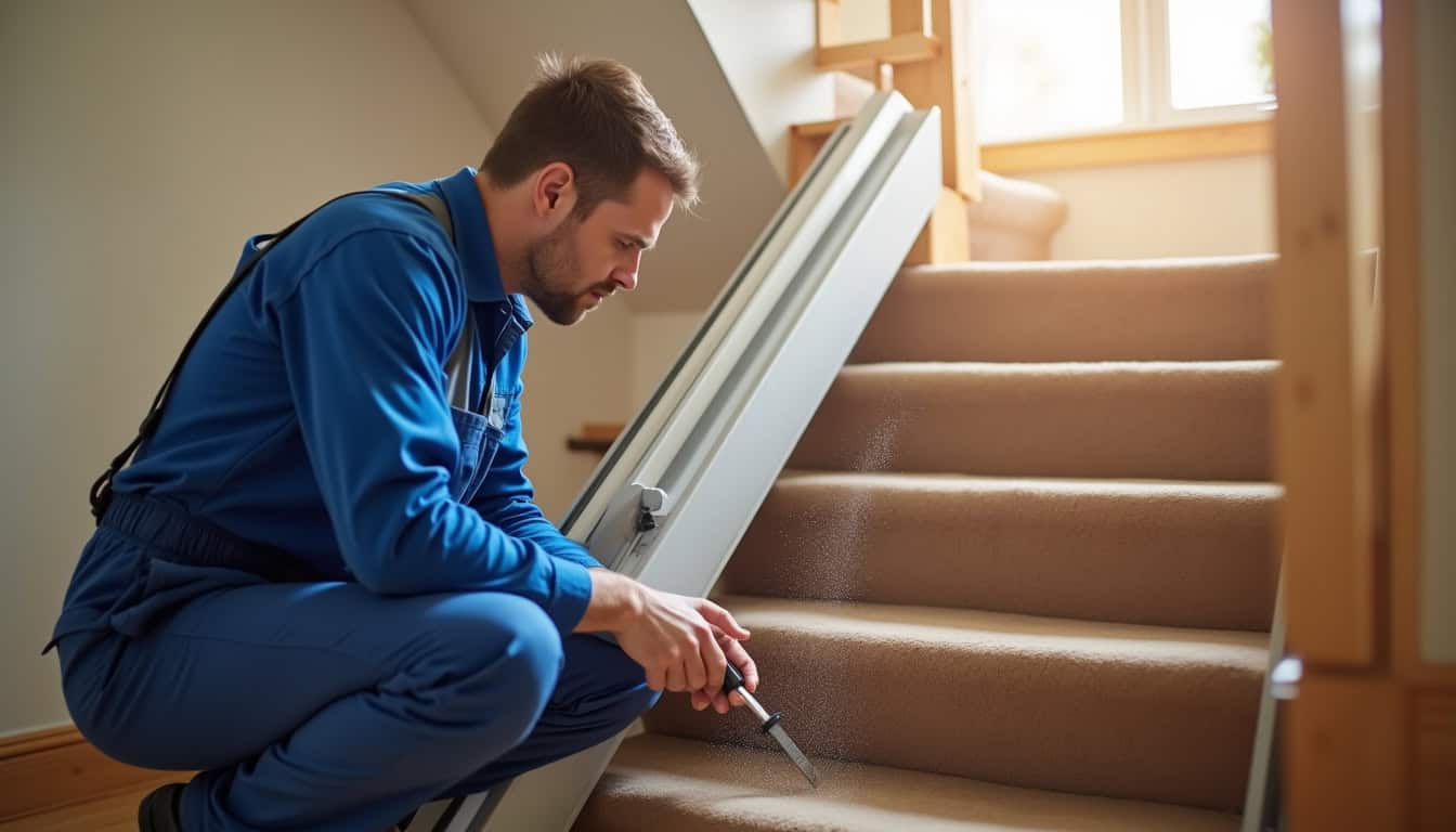 Technicien en train de vérifier un monte-escalier en cours d