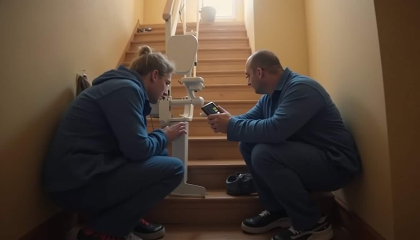 Technicien en train de vérifier un monte-escalier en situation réelle