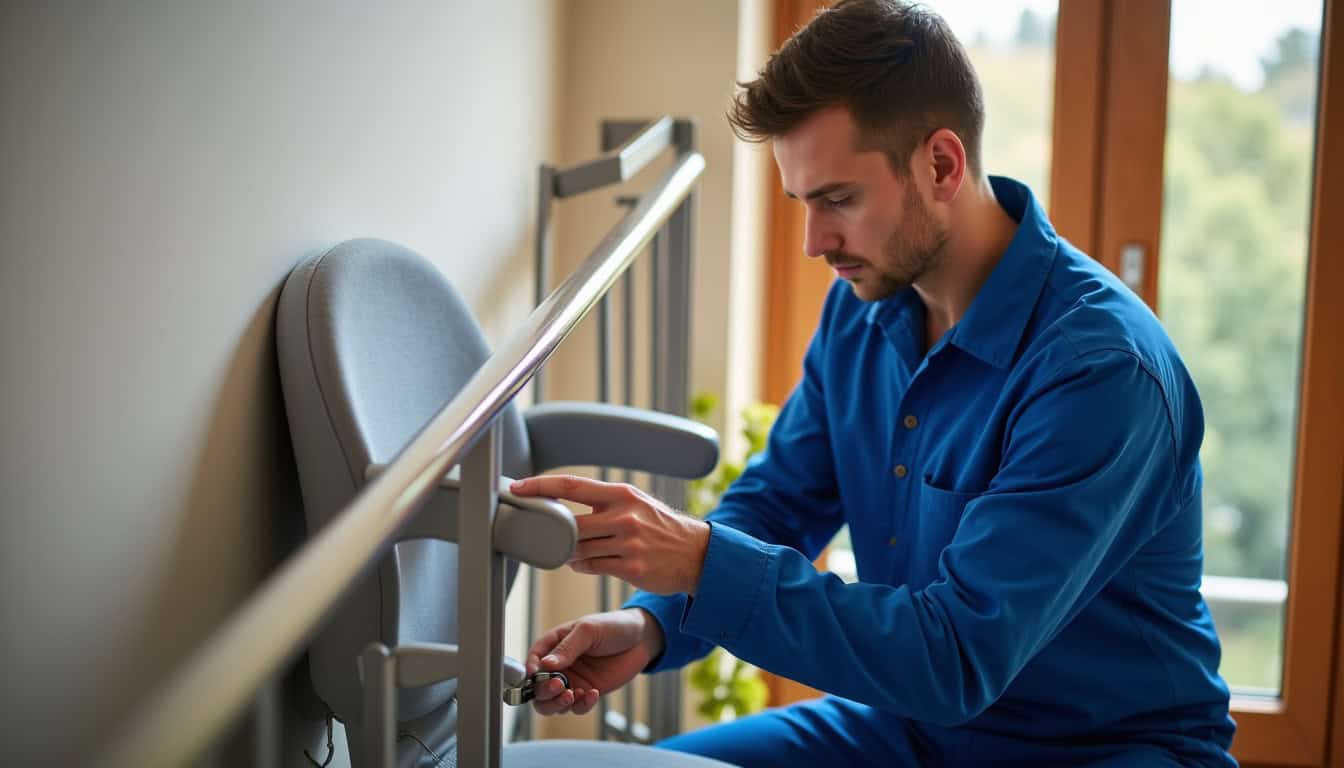 Technicien en train de vérifier un monte-escalier installé à Labège, détail du rail et du siège