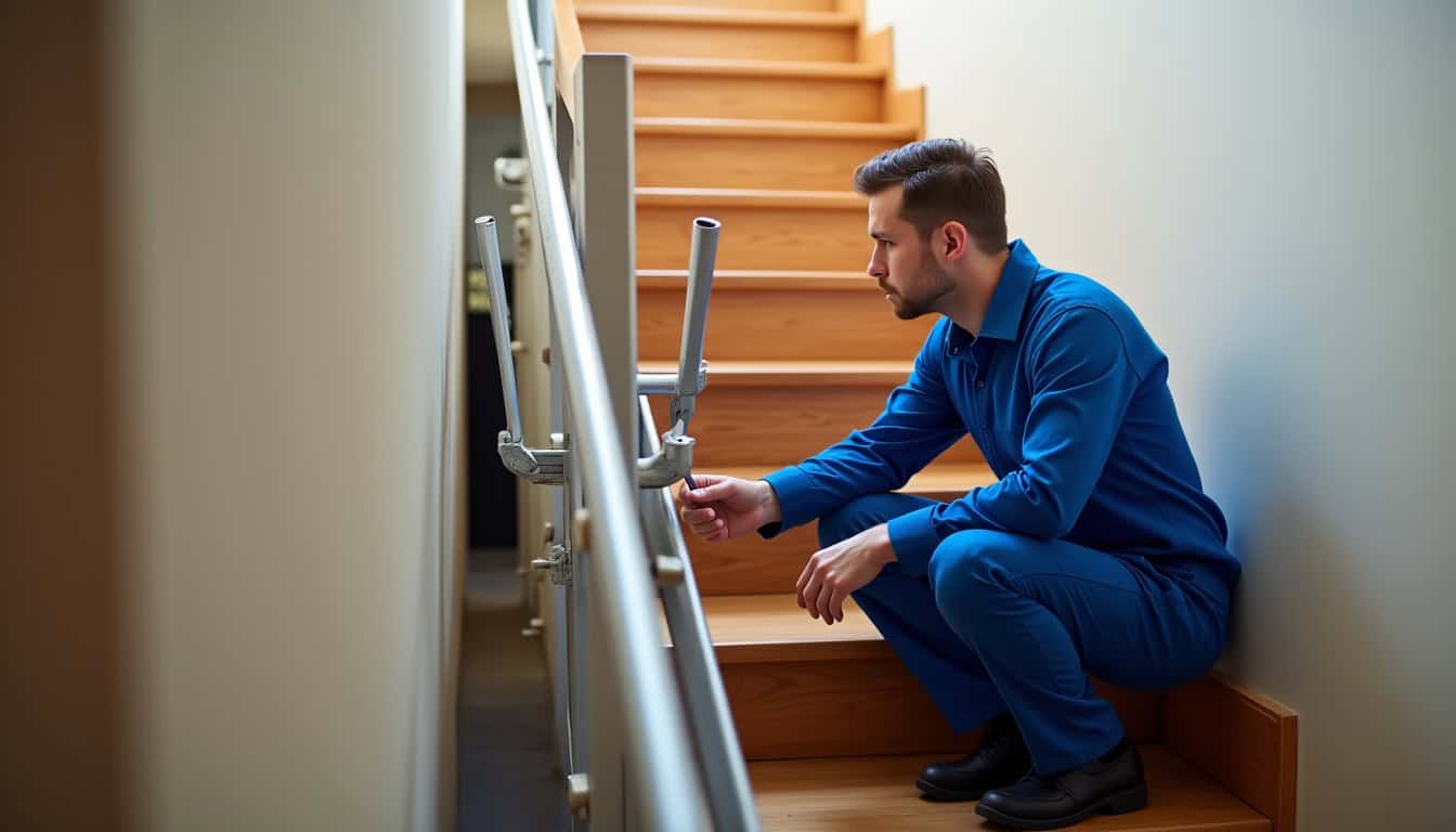 Technicien en train de vérifier un monte-escalier lors d