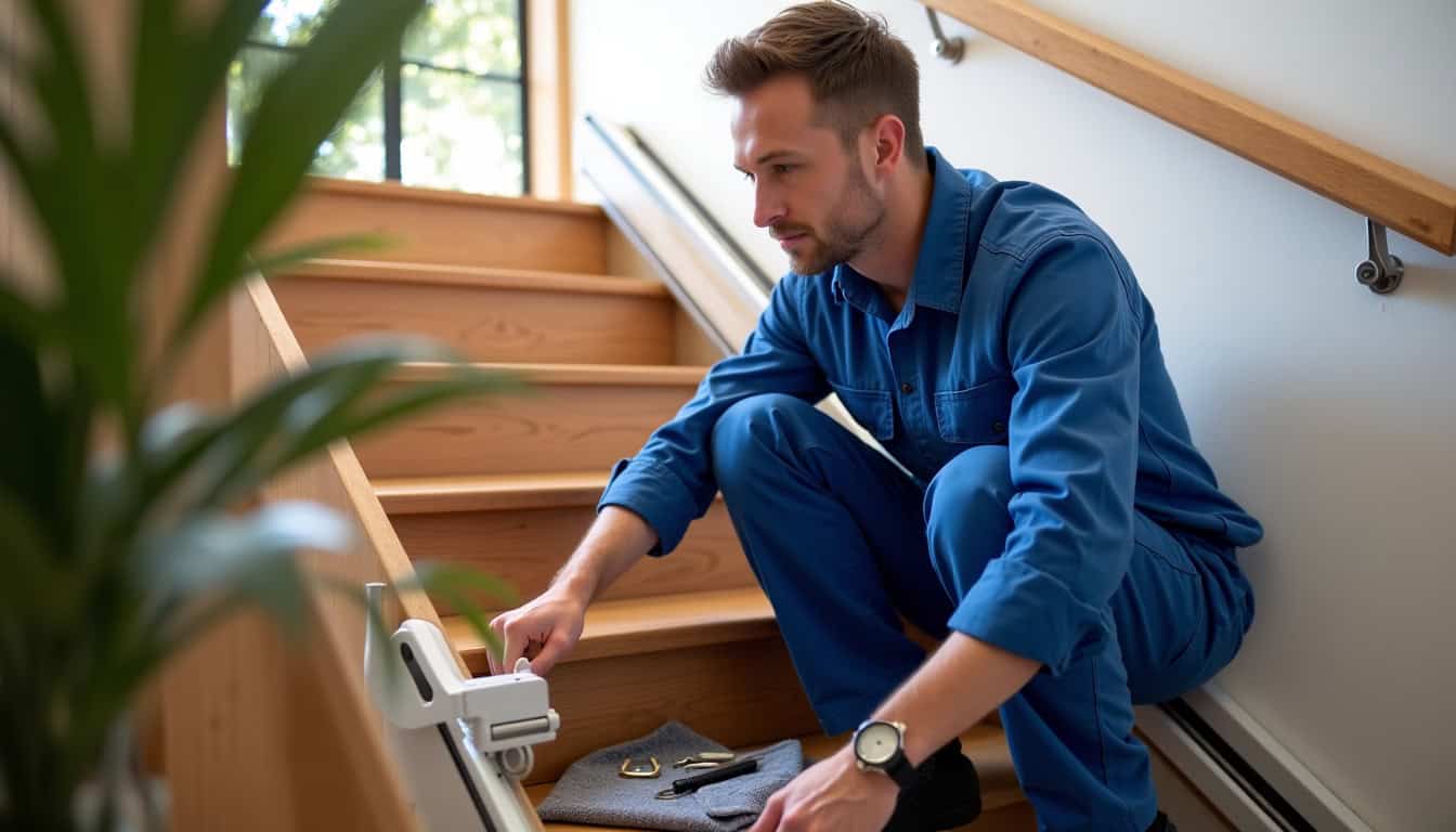 Technicien en train de vérifier un monte-escalier lors d