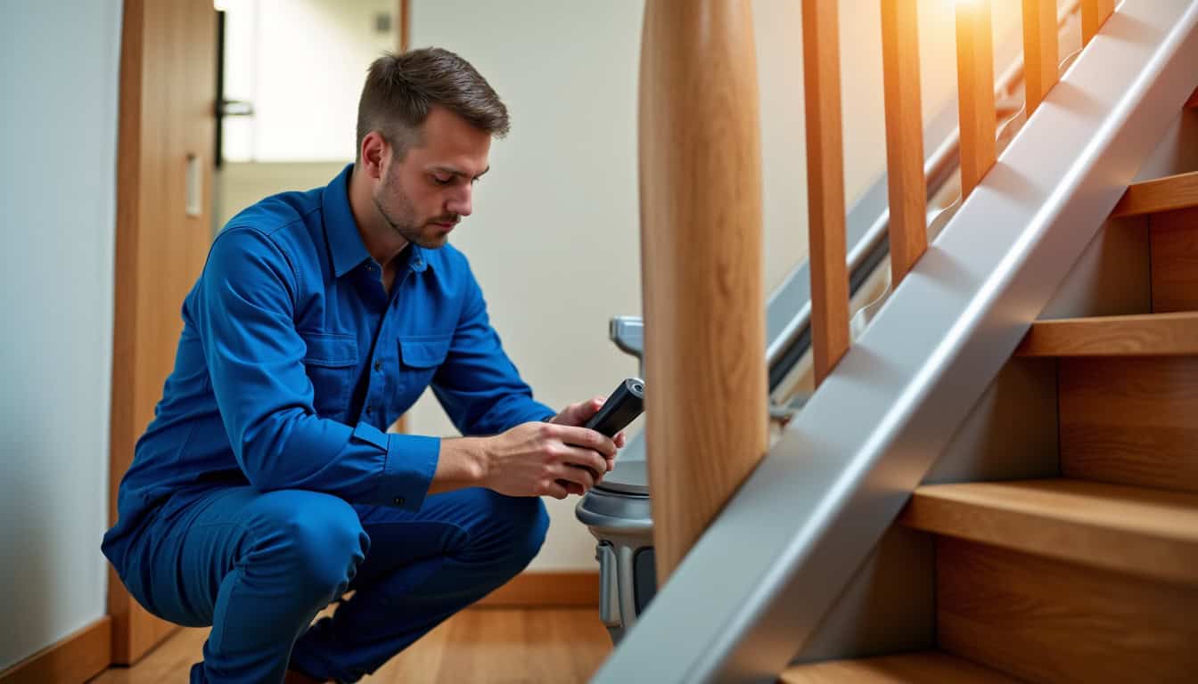 Technicien en train de vérifier un monte-escalier lors d