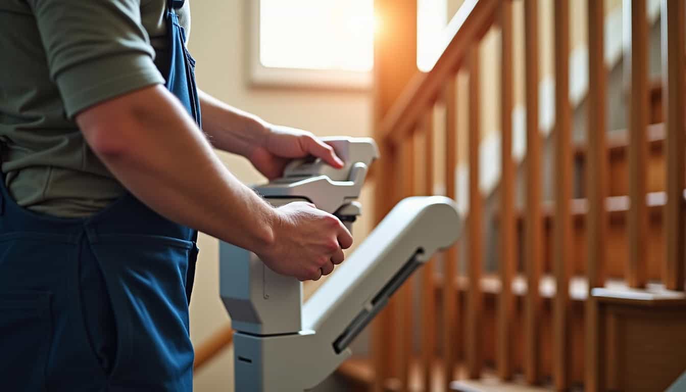 Technicien en train de vérifier un monte-escalier lors d