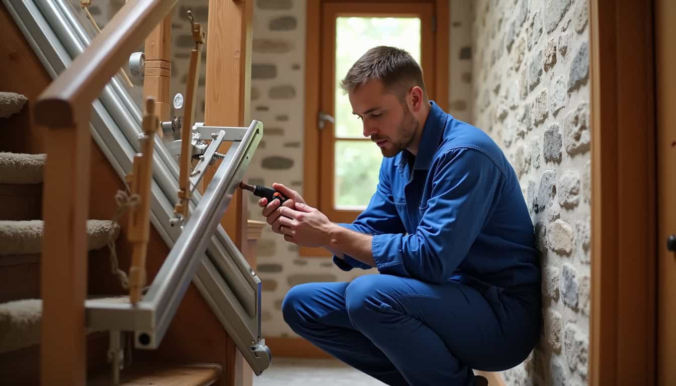 Technicien en train de vérifier un monte-escalier lors d