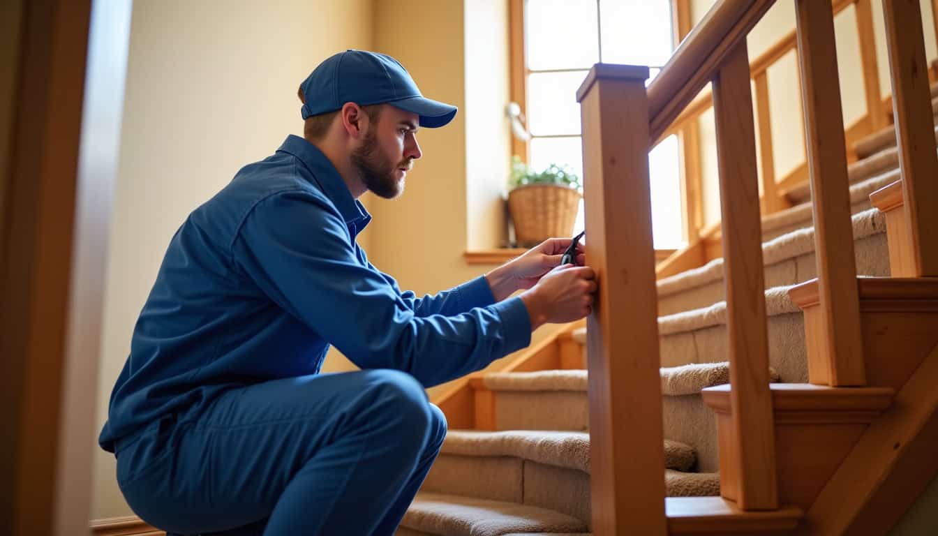 Technicien en train de vérifier un monte-escalier lors d’un entretien à domicile à Le Bousquet-d’Orb