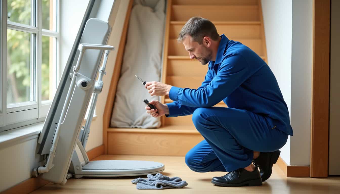 Technicien en train de vérifier un monte-escalier lors d’une visite d’entretien à Diou