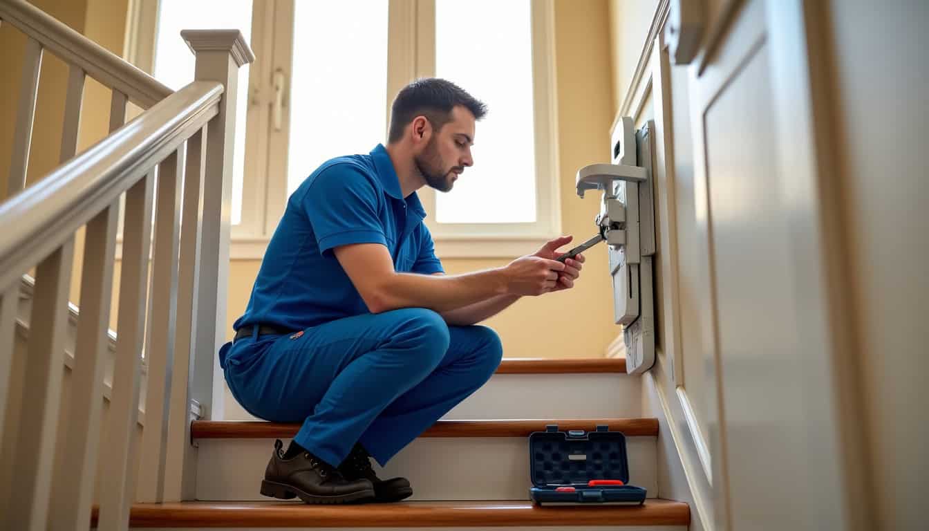 Technicien en train de vérifier un monte-escalier sur rail courbe dans une maison à Saint-Nom-la-Bretèche