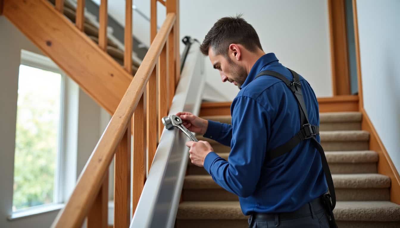 Technicien en train de visser un rail de monte-escalier dans un escalier intérieur