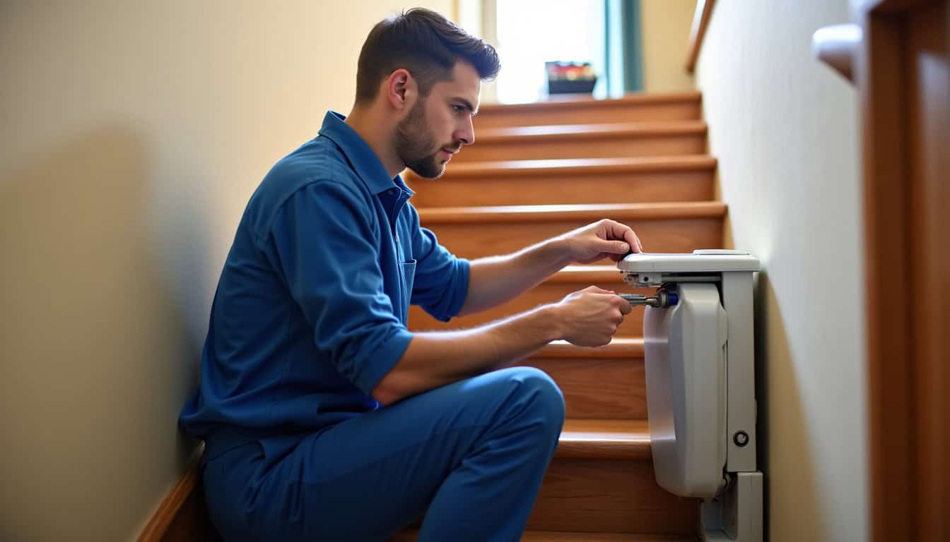 Technicien en train d’effectuer la maintenance d’un monte-escalier à Saint-Cloud