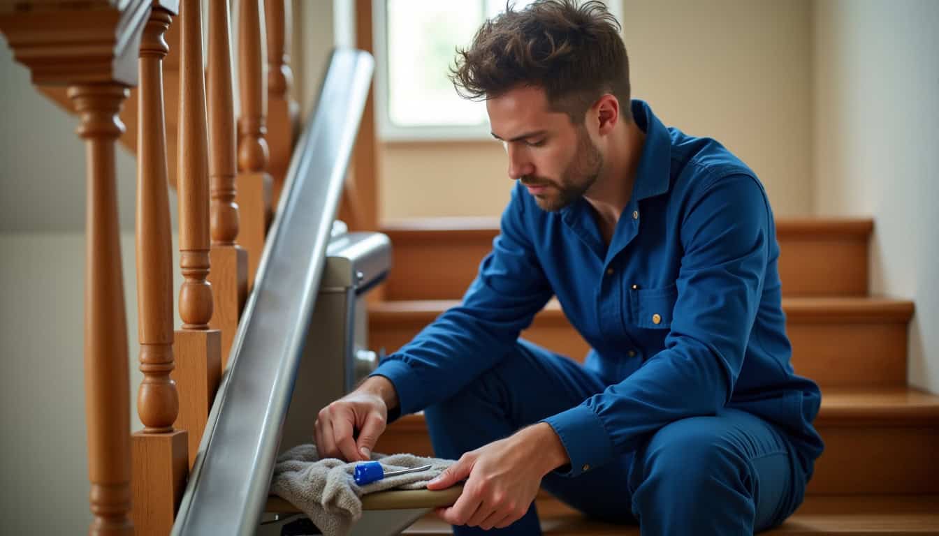 Technicien en train d’effectuer l’entretien d’un monte-escalier à Martigues