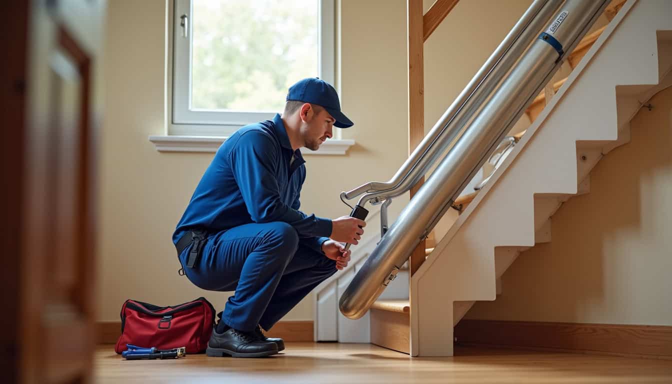 Technicien en train d’effectuer un contrôle de maintenance sur un monte-escalier dans une habitation
