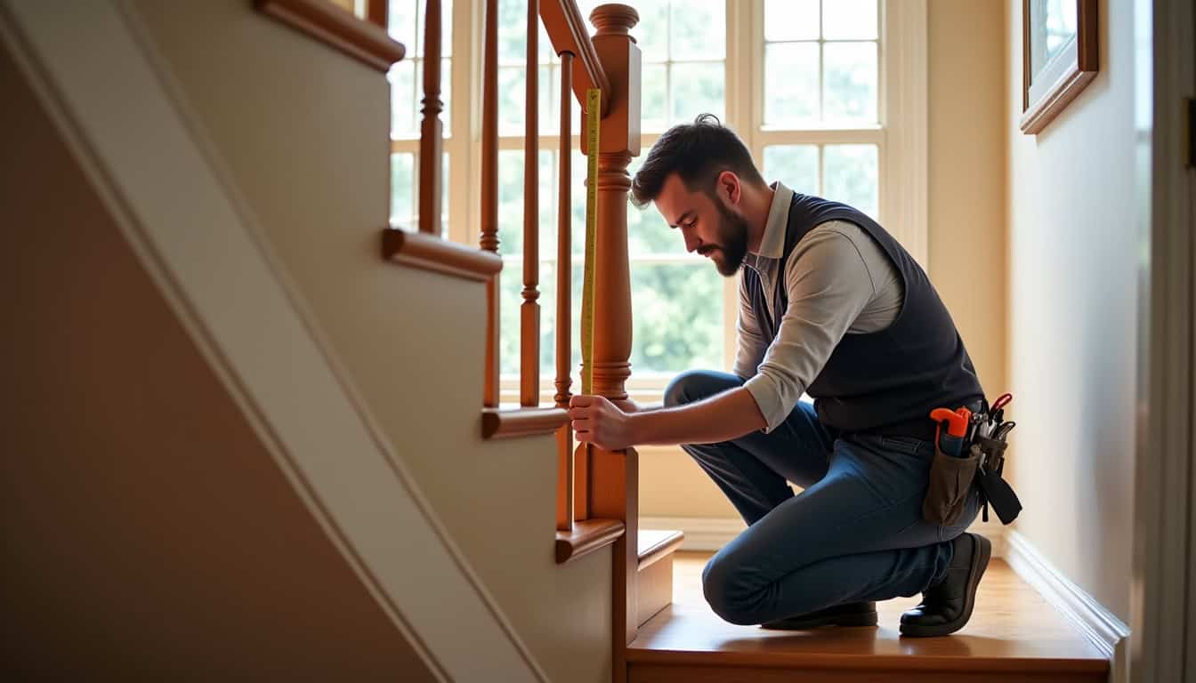 Technicien en train d’effectuer un diagnostic sur un escalier tournant à Sotteville-lès-Rouen