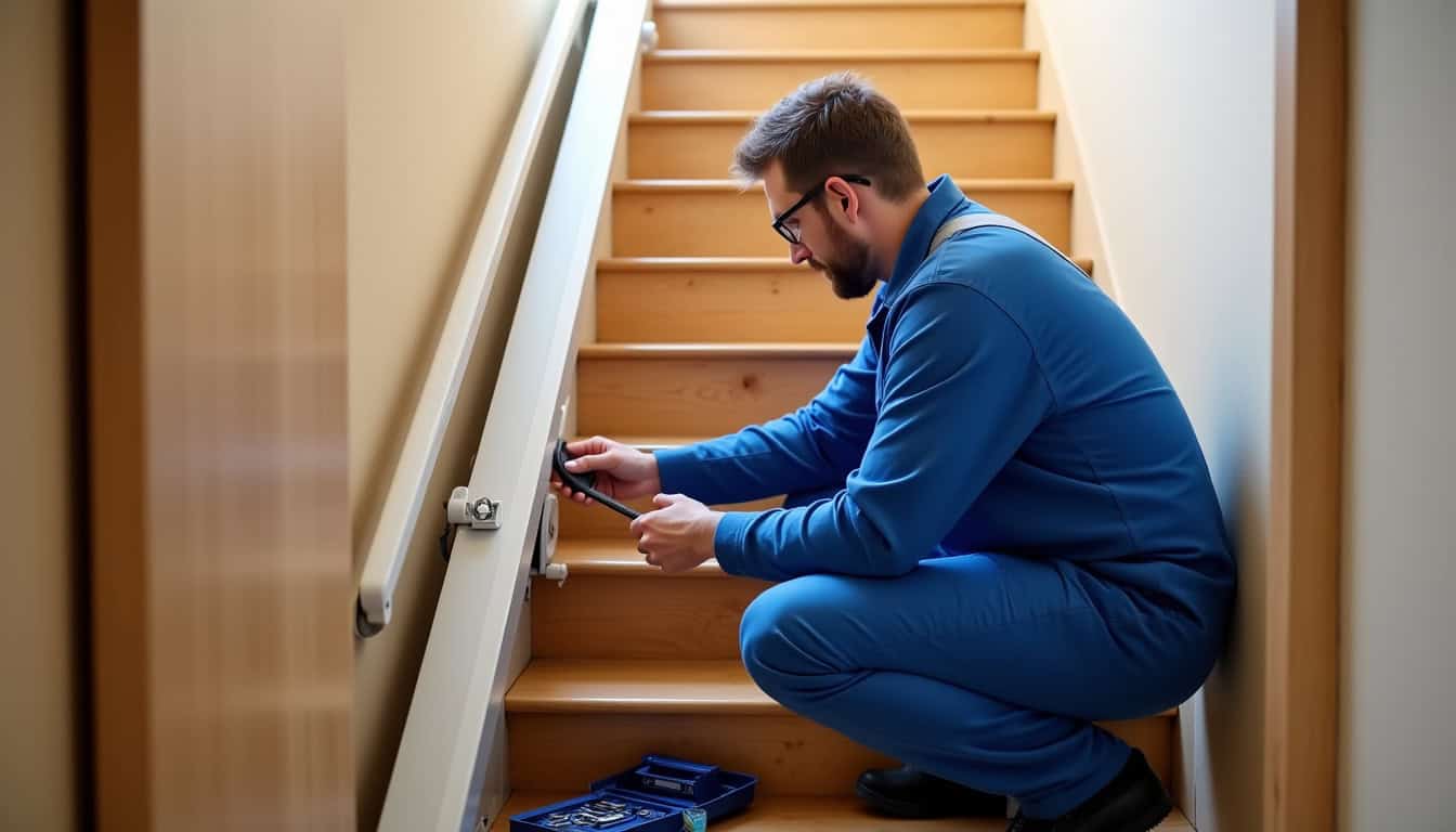 Technicien en train d’effectuer un entretien sur un monte-escalier à Sainghin-en-Mélantois