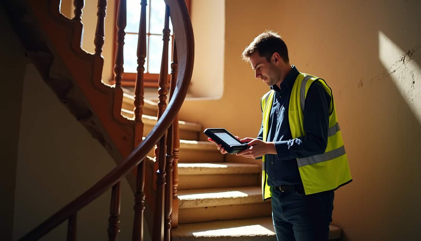 Technicien en train d’effectuer une étude de mesure sur un escalier en colimaçon à Villevieille