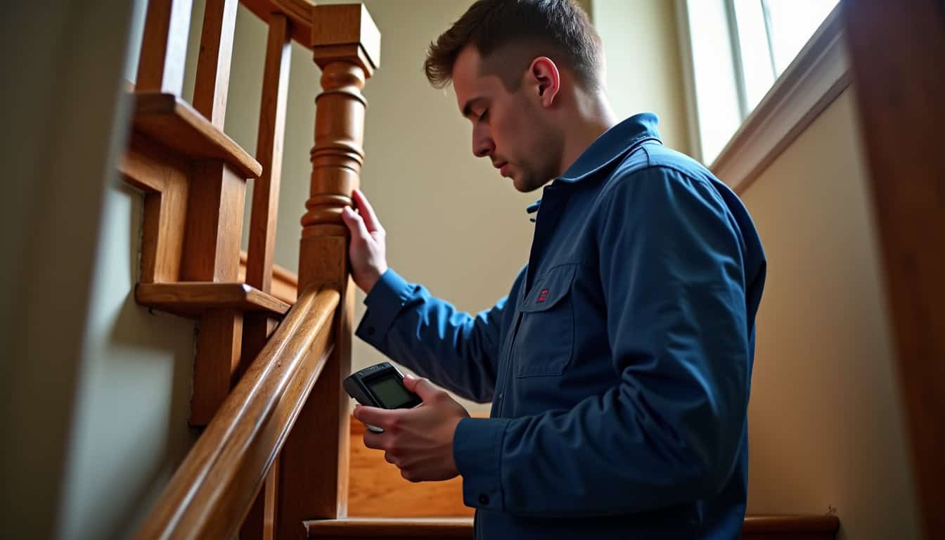 Technicien en train d’effectuer une étude technique pour l’installation d’un monte-escalier à Mareau-aux-Prés
