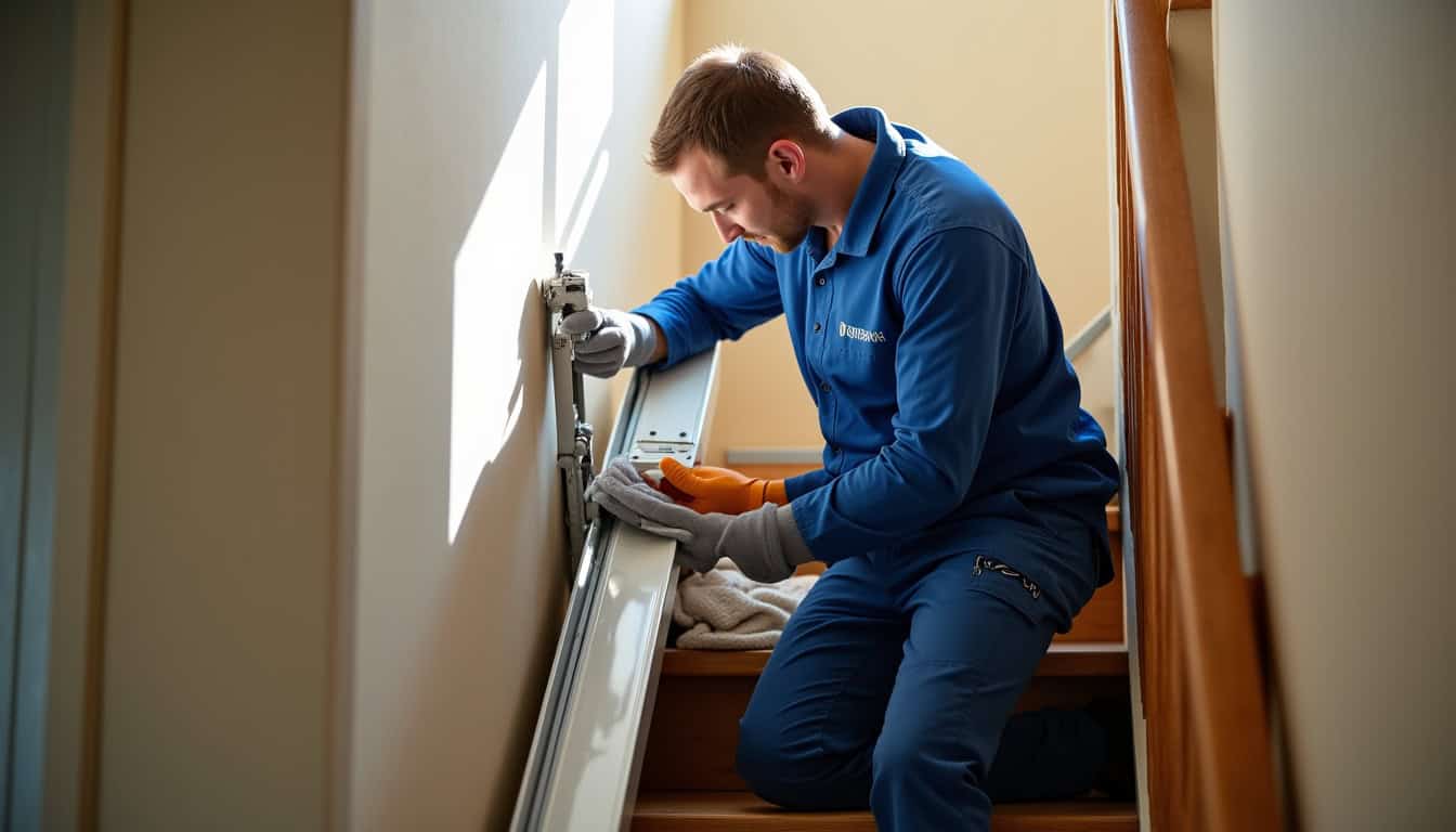 Technicien en train d’effectuer une maintenance sur un monte-escalier à Flavin