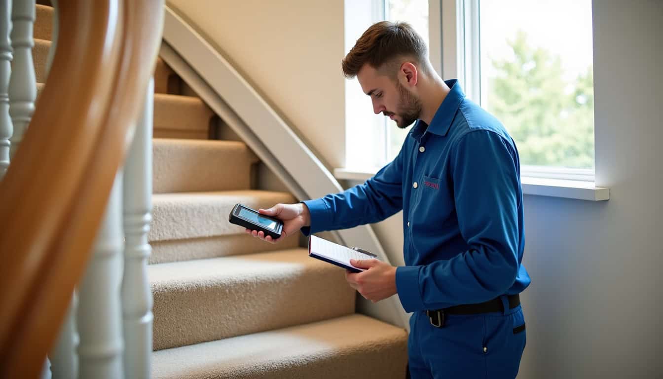 Technicien en train d’étudier un escalier lors d’une visite à domicile à Dijon