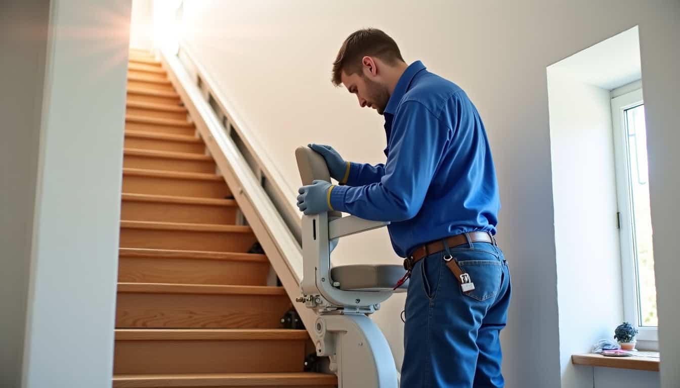 Technicien en train d’installer un monte-escalier à Acquigny