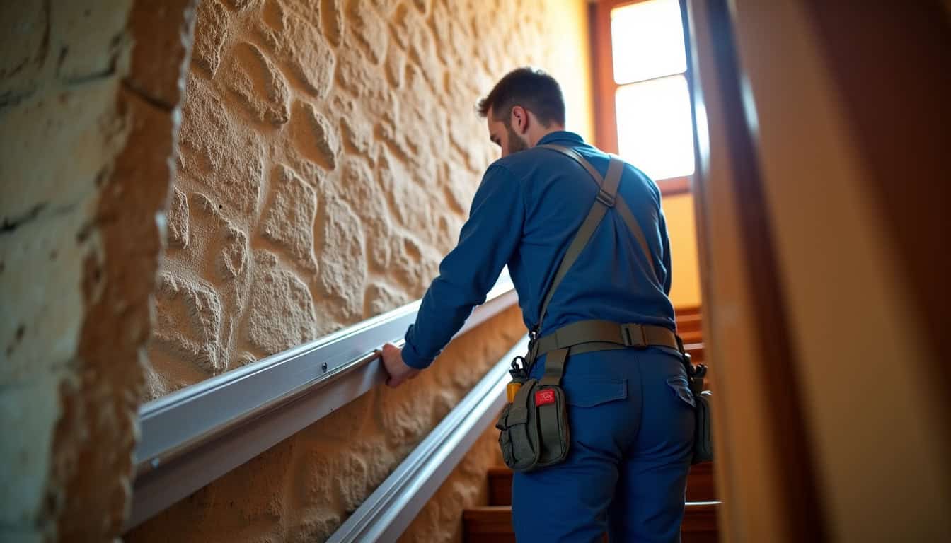 Technicien en train d’installer un monte-escalier à Bazougers, Mayenne