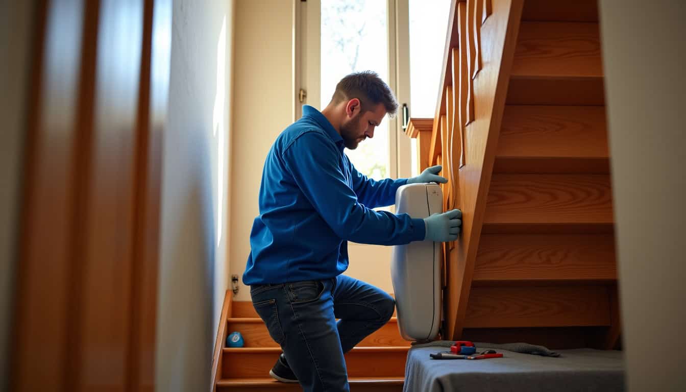 Technicien en train d’installer un monte-escalier à Cahors