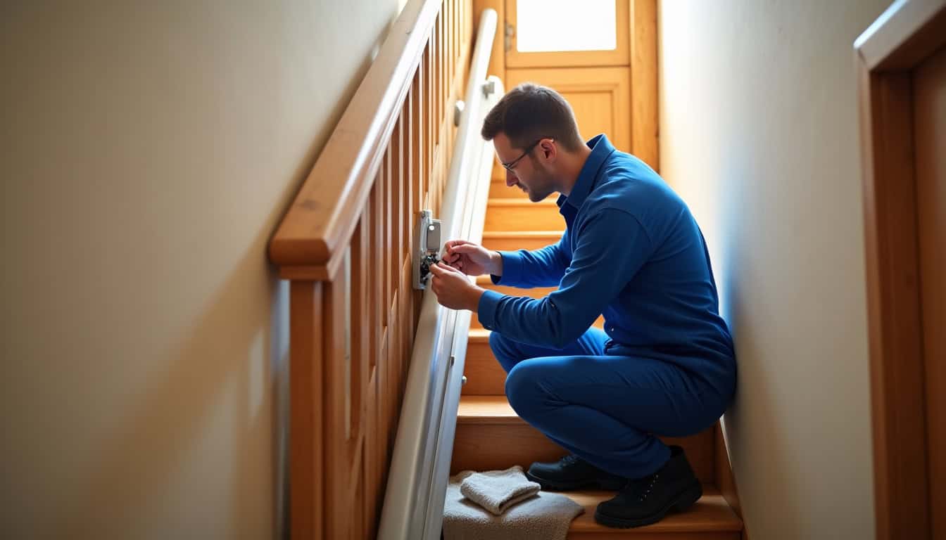 Technicien en train d’installer un monte-escalier à Ciré-d’Aunis