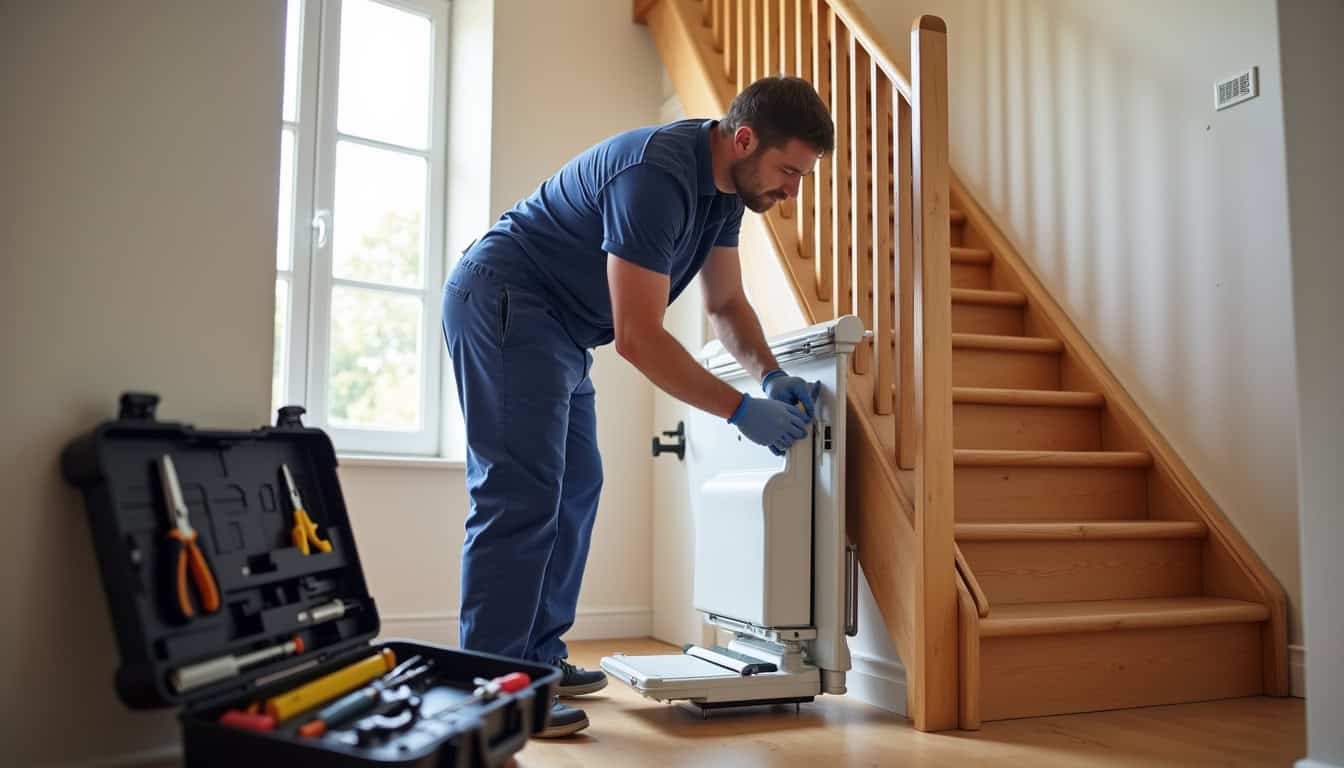 Technicien en train d’installer un monte-escalier à Clarafond-Arcine