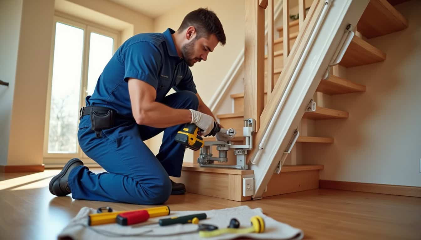 Technicien en train d’installer un monte-escalier à Corbonod, avec outils et rail en place sur les marches