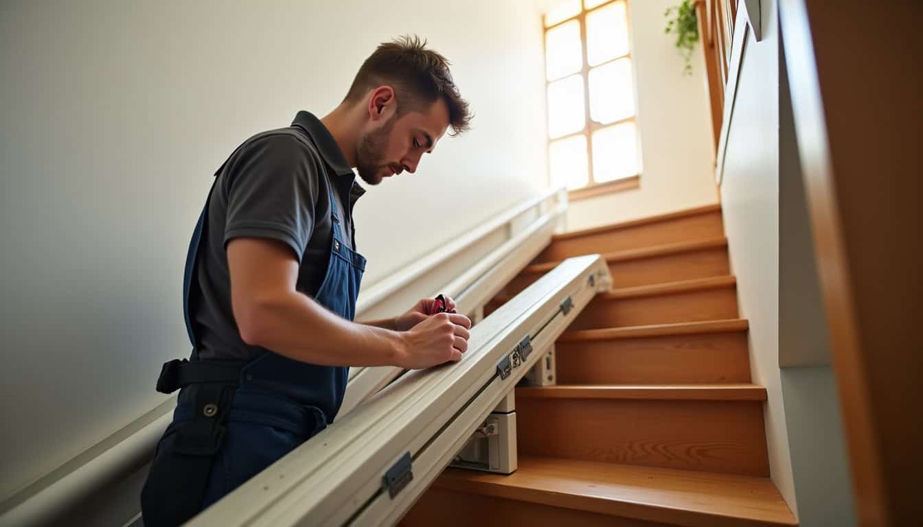 Technicien en train d’installer un monte-escalier à domicile à Angers